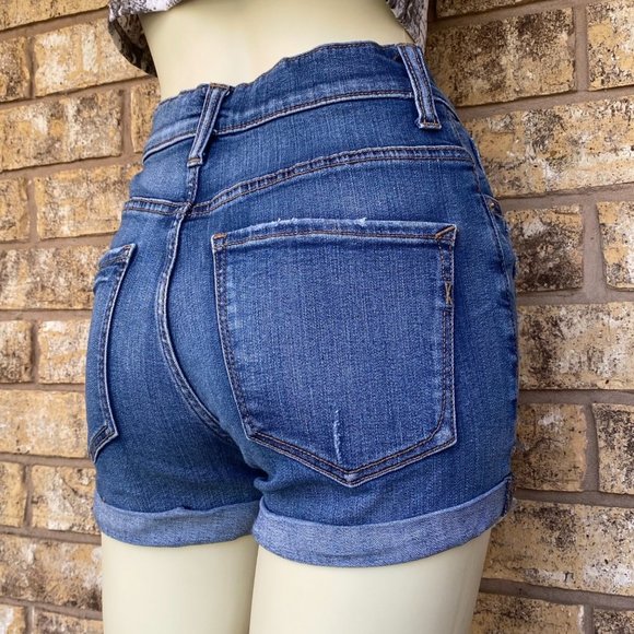 Express shortie high rise waist distressed shorts sz 00 roll cuff - Picture 3 of 8